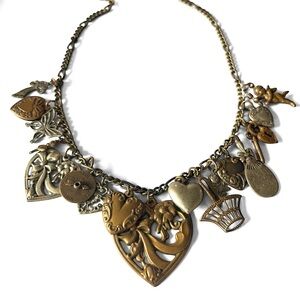 Vintage Piddly Links Brass Heart Cherub Charm Necklace